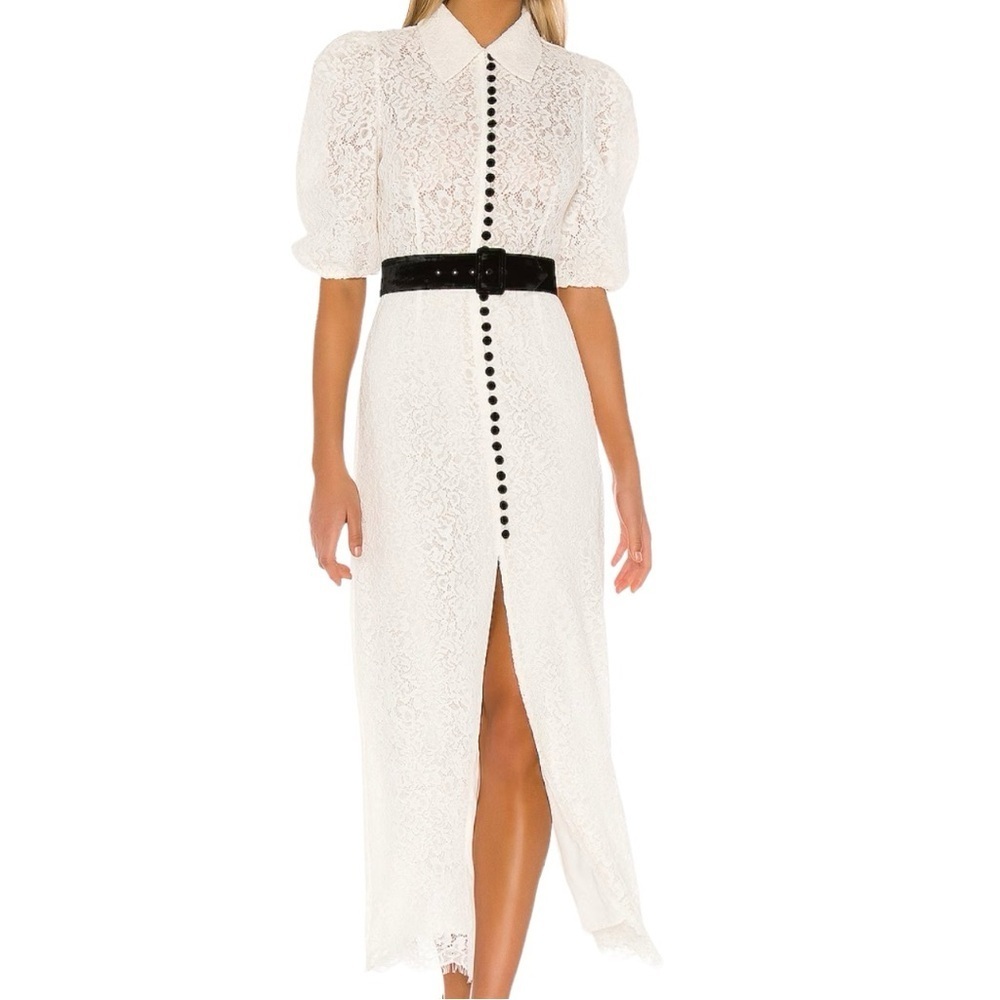 Divine Heritage lace dress with brown leather buttons and brown belt